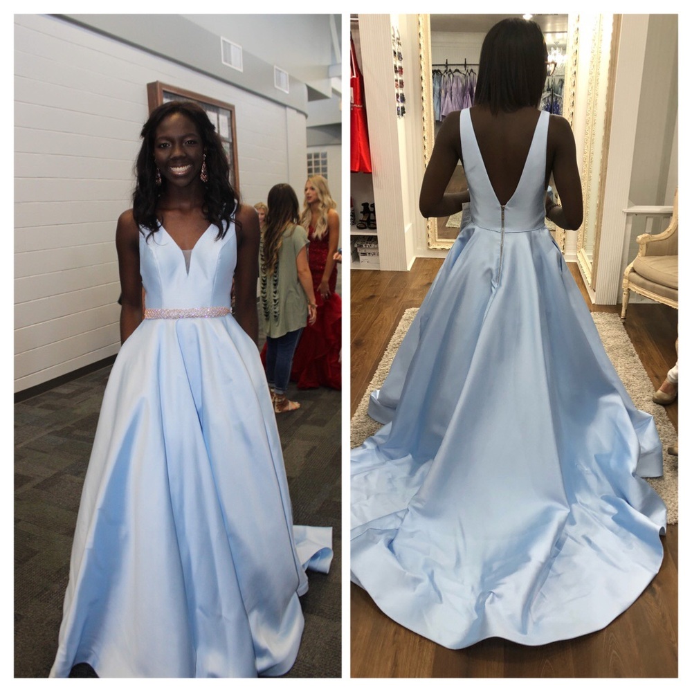 Light Blue Sherri Hill Dress with Rose Gold Belt